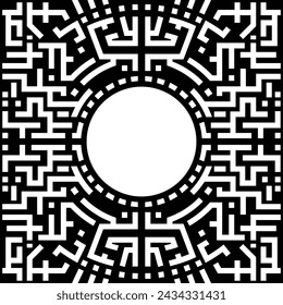 Black and white abstract graphic chinese pattern. Square geometric ethnic tribal ornament with round frame, border. Grid maze background. Vector