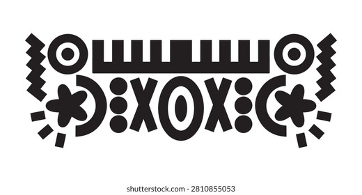 A black and white abstract graphic design featuring geometric shapes, circles, zigzags, and star-like elements arranged symmetrically.
