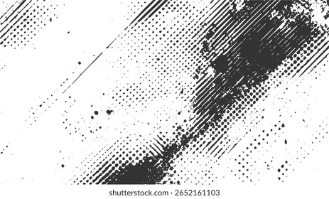 Gráfico abstrato em preto e branco com linhas diagonais e padrões de pontos em um plano de fundo branco.