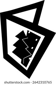 Black and white abstract graphic featuring a stylized jagged outer shape and fragmented inner form with scattered dots, used as a logo or design element.