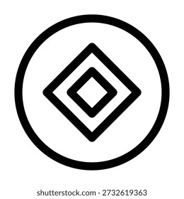 Un gráfico abstracto en blanco y negro con un Grande marco circular. Dentro del círculo hay tres cuadrados anidados girados en un ángulo de 45 grados, creando un túnel concéntrico o un efecto de ondulación. Las líneas son en negrita y el diseño es simétrico.