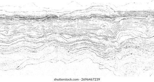 Gráfico abstracto en blanco y negro con líneas de contorno en capas y textura punteada.