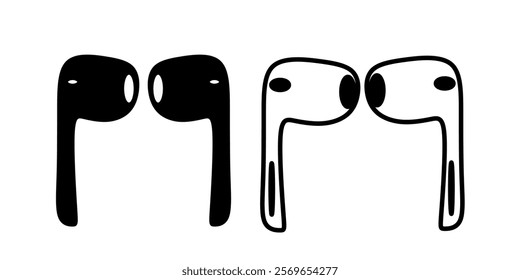 Black and white abstract graphic of overlapping earbuds, creatively illustrating modern audio technology and minimalism. Air pods flat design icon .