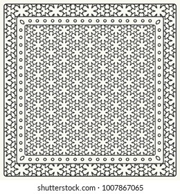 Black and white abstract graphic pattern. Geometric ornament with frame, border. Line art, lace, embroidery background. Bandanna, shawl, scarf, tablecloth design for textile fabric print