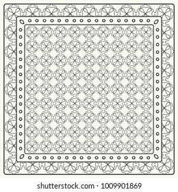 Black and white abstract graphic pattern. Geometric ornament with frame, border. Line art, lace, embroidery background. Bandanna, shawl, scarf, tablecloth design for textile fabric print