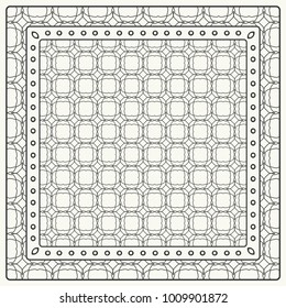 Black and white abstract graphic pattern. Geometric ornament with frame, border. Line art, lace, embroidery background. Bandanna, shawl, scarf, tablecloth design for textile fabric print