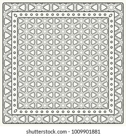 Black and white abstract graphic pattern. Geometric ornament with frame, border. Line art, lace, embroidery background. Bandanna, shawl, scarf, tablecloth design for textile fabric print