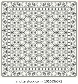 Black and white abstract graphic pattern. Geometric ornament with frame, border. Line art, lace, embroidery background. Bandanna, shawl, scarf, tablecloth design for textile fabric print