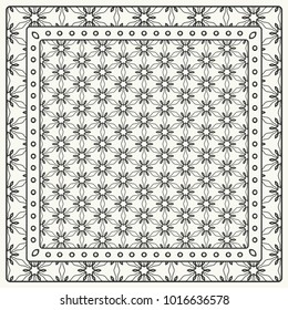 Black and white abstract graphic pattern. Geometric ornament with frame, border. Line art, lace, embroidery background. Bandanna, shawl, scarf, tablecloth design for textile fabric print