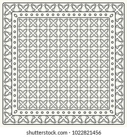 Black and white abstract graphic pattern. Geometric ornament with frame, border. Line art, lace, embroidery background. Bandanna, shawl, scarf, tablecloth design for textile fabric print