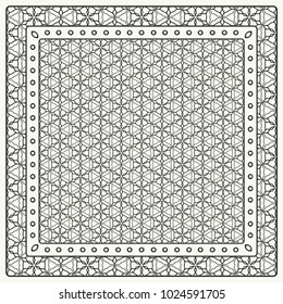 Black and white abstract graphic pattern. Geometric ornament with frame, border. Line art, lace, embroidery background. Bandanna, shawl, scarf, tablecloth design for textile fabric print