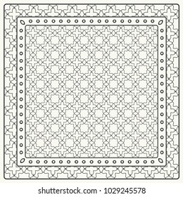 Black and white abstract graphic pattern. Geometric ornament with frame, border. Line art, lace, embroidery background. Bandanna, shawl, scarf, tablecloth design for textile fabric print