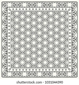 Black and white abstract graphic pattern. Geometric ornament with frame, border. Line art, lace, embroidery background. Bandanna, shawl, scarf, tablecloth design for textile fabric print