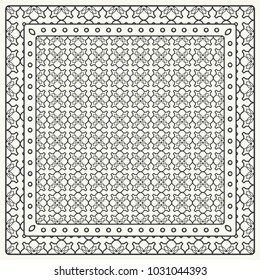 Black and white abstract graphic pattern. Geometric ornament with frame, border. Line art, lace, embroidery background. Bandanna, shawl, scarf, tablecloth design for textile fabric print