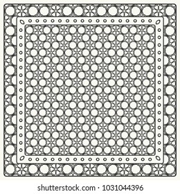 Black and white abstract graphic pattern. Geometric ornament with frame, border. Line art, lace, embroidery background. Bandanna, shawl, scarf, tablecloth design for textile fabric print