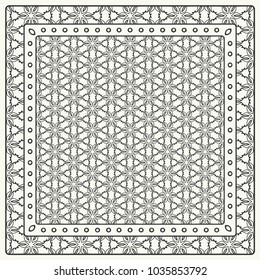 Black and white abstract graphic pattern. Geometric ornament with frame, border. Line art, lace, embroidery background. Bandanna, shawl, scarf, tablecloth design for textile fabric print