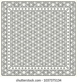 Black and white abstract graphic pattern. Geometric ornament with frame, border. Line art, lace, embroidery background. Bandanna, shawl, scarf, tablecloth design for textile fabric print
