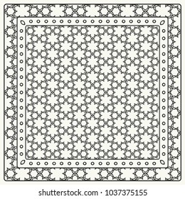 Black and white abstract graphic pattern. Geometric ornament with frame, border. Line art, lace, embroidery background. Bandanna, shawl, scarf, tablecloth design for textile fabric print