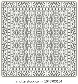 Black and white abstract graphic pattern. Geometric ornament with frame, border. Line art, lace, embroidery background. Bandanna, shawl, scarf, tablecloth design for textile fabric print