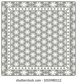 Black and white abstract graphic pattern. Geometric ornament with frame, border. Line art, lace, embroidery background. Bandanna, shawl, scarf, tablecloth design for textile fabric print