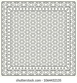 Black and white abstract graphic pattern. Geometric ornament with frame, border. Line art, lace, embroidery background. Bandanna, shawl, scarf, tablecloth design for textile fabric print