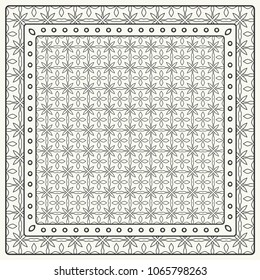 Black and white abstract graphic pattern. Geometric ornament with frame, border. Line art, lace, embroidery background. Bandanna, shawl, scarf, tablecloth design for textile fabric print