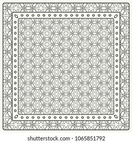 Black and white abstract graphic pattern. Geometric ornament with frame, border. Line art, lace, embroidery background. Bandanna, shawl, scarf, tablecloth design for textile fabric print