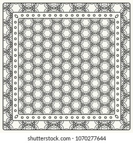 Black and white abstract graphic pattern. Geometric ornament with frame, border. Line art, lace, embroidery background. Bandanna, shawl, scarf, tablecloth design for textile fabric print