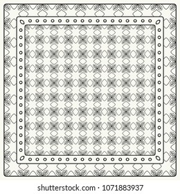 Black and white abstract graphic pattern. Geometric ornament with frame, border. Line art, lace, embroidery background. Bandanna, shawl, scarf, tablecloth design for textile fabric print