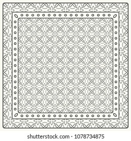 Black and white abstract graphic pattern. Geometric ornament with frame, border. Line art, lace, embroidery background. Bandanna, shawl, scarf, tablecloth design for textile fabric print