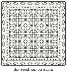 Black and white abstract graphic pattern. Geometric ornament with frame, border. Line art, lace, embroidery background. Bandanna, shawl, scarf, tablecloth design for textile fabric print