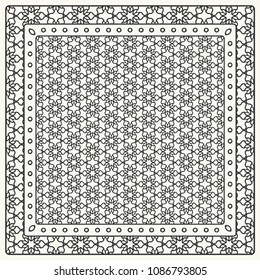 Black and white abstract graphic pattern. Geometric ornament with frame, border. Line art, lace, embroidery background. Bandanna, shawl, scarf, tablecloth design for textile fabric print