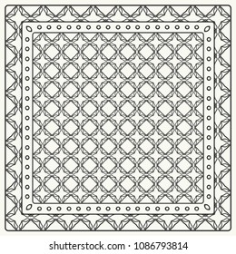 Black and white abstract graphic pattern. Geometric ornament with frame, border. Line art, lace, embroidery background. Bandanna, shawl, scarf, tablecloth design for textile fabric print