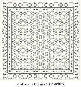 Black and white abstract graphic pattern. Geometric ornament with frame, border. Line art, lace, embroidery background. Bandanna, shawl, scarf, tablecloth design for textile fabric print