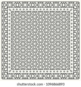 Black and white abstract graphic pattern. Geometric ornament with frame, border. Line art, lace, embroidery background. Bandanna, shawl, scarf, tablecloth design for textile fabric print