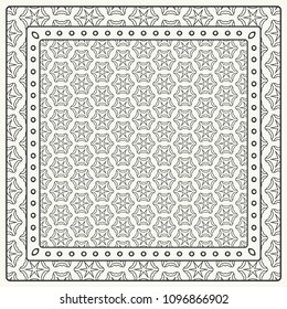 Black and white abstract graphic pattern. Geometric ornament with frame, border. Line art, lace, embroidery background. Bandanna, shawl, scarf, tablecloth design for textile fabric print