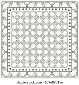 Black and white abstract graphic pattern. Geometric ornament with frame, border. Line art, lace, embroidery background. Bandanna, shawl, scarf, tablecloth design for textile fabric print