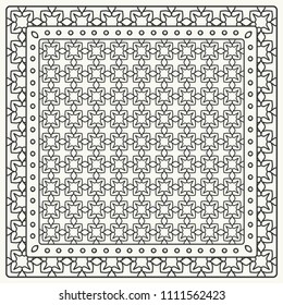 Black and white abstract graphic pattern. Geometric ornament with frame, border. Line art, lace, embroidery background. Bandanna, shawl, scarf, tablecloth design for textile fabric print