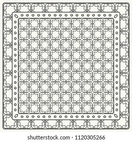 Black and white abstract graphic pattern. Geometric ornament with frame, border. Line art, lace, embroidery background. Bandanna, shawl, scarf, tablecloth design for textile fabric print