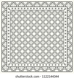 Black and white abstract graphic pattern. Geometric ornament with frame, border. Line art, lace, embroidery background. Bandanna, shawl, scarf, tablecloth design for textile fabric print