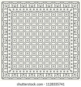 Black and white abstract graphic pattern. Geometric ornament with frame, border. Line art, lace, embroidery background. Bandanna, shawl, scarf, tablecloth design for textile fabric print