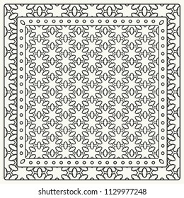 Black and white abstract graphic pattern. Geometric ornament with frame, border. Line art, lace, embroidery background. Bandanna, shawl, scarf, tablecloth design for textile fabric print