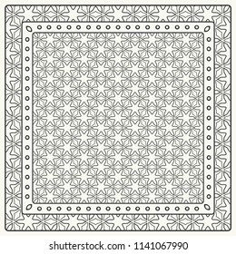 Black and white abstract graphic pattern. Geometric ornament with frame, border. Line art, lace, embroidery background. Bandanna, shawl, scarf, tablecloth design for textile fabric print