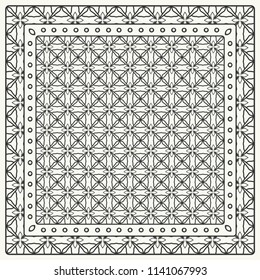 Black and white abstract graphic pattern. Geometric ornament with frame, border. Line art, lace, embroidery background. Bandanna, shawl, scarf, tablecloth design for textile fabric print