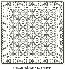 Black and white abstract graphic pattern. Geometric ornament with frame, border. Line art, lace, embroidery background. Bandanna, shawl, scarf, tablecloth design for textile fabric print