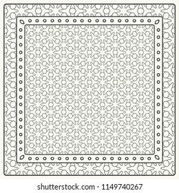 Black and white abstract graphic pattern. Geometric ornament with frame, border. Line art, lace, embroidery background. Bandanna, shawl, scarf, tablecloth design for textile fabric print