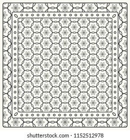 Black and white abstract graphic pattern. Geometric ornament with frame, border. Line art, lace, embroidery background. Bandanna, shawl, scarf, tablecloth design for textile fabric print