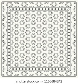 Black and white abstract graphic pattern. Geometric ornament with frame, border. Line art, lace, embroidery background. Bandanna, shawl, scarf, tablecloth design for textile fabric print