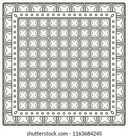 Black and white abstract graphic pattern. Geometric ornament with frame, border. Line art, lace, embroidery background. Bandanna, shawl, scarf, tablecloth design for textile fabric print