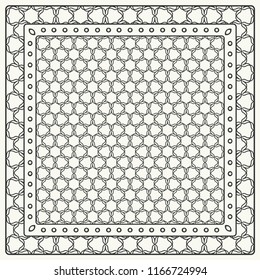 Black and white abstract graphic pattern. Geometric ornament with frame, border. Line art, lace, embroidery background. Bandanna, shawl, scarf, tablecloth design for textile fabric print